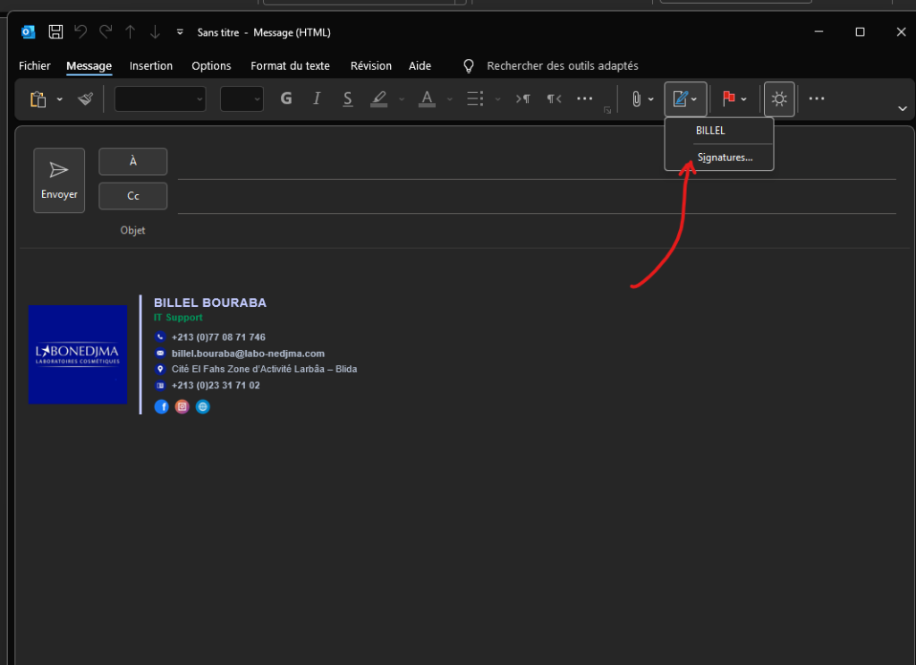 Étape 2 Menu Signatures Outlook